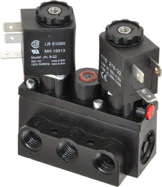 ARO/Ingersoll-Rand - 1/4" Inlet x 1/4" Outlet, Solenoid Actuator, Solenoid Return, 3 Position, Body Ported Solenoid Air Valve - 120 VAC Input, 32 CFM, 0.9 CV, 4 Way, 150 psi, 2-15/16" Long x 1-15/16" Wide x 1-13/16" High, 0 to 180°F - Apex Tool & Supply