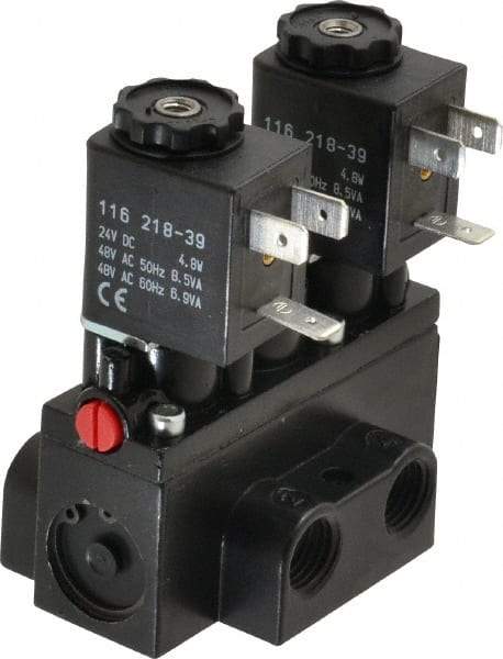 ARO/Ingersoll-Rand - 1/4" Inlet x 1/4" Outlet, Solenoid Actuator, Solenoid Return, 3 Position, Body Ported Solenoid Air Valve - 24 VDC Input, 32 CFM, 0.9 CV, 4 Way, 150 psi, 2-15/16" Long x 1-15/16" Wide x 1-13/16" High, 0 to 180°F - Apex Tool & Supply