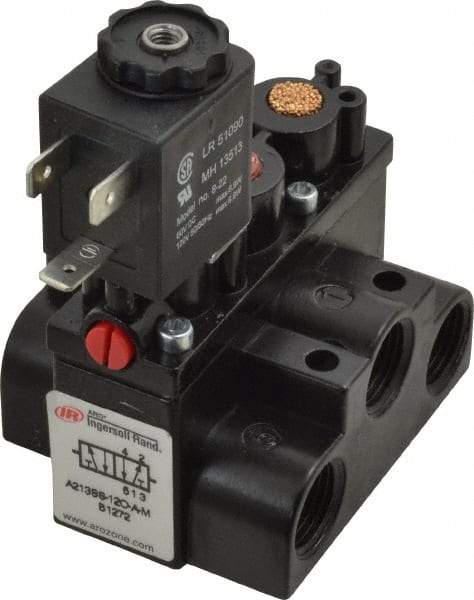 ARO/Ingersoll-Rand - 3/8" Inlet x 3/8" Outlet, Solenoid Actuator, Spring Return, 2 Position, Body Ported Solenoid Air Valve - 120 VAC Input, 63 CFM, 1.7 CV, 4 Way, 150 psi, 3-1/2" Long x '2-1/2" Wide x 3-5/8" High, 0 to 180°F - Apex Tool & Supply