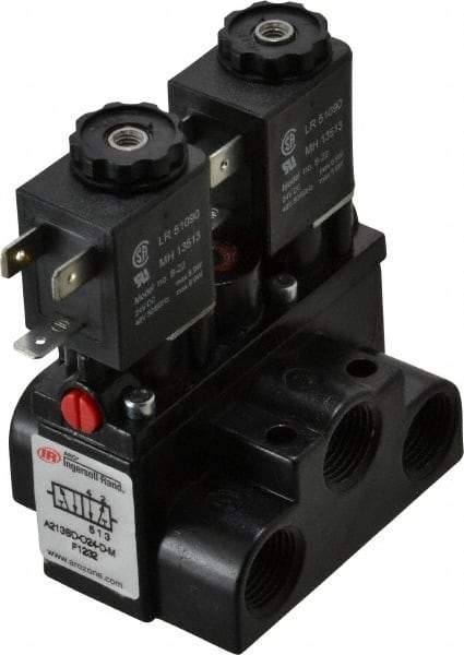 ARO/Ingersoll-Rand - 3/8" Inlet x 3/8" Outlet, Solenoid Actuator, Solenoid Return, 2 Position, Body Ported Solenoid Air Valve - 24 VDC Input, 63 CFM, 1.7 CV, 4 Way, 150 psi, 4" Long x '2-1/2" Wide x 3-5/8" High, 0 to 180°F - Apex Tool & Supply
