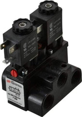 ARO/Ingersoll-Rand - 3/8" Inlet x 3/8" Outlet, Solenoid Actuator, Solenoid Return, 2 Position, Body Ported Solenoid Air Valve - 24 VDC Input, 63 CFM, 1.7 CV, 4 Way, 150 psi, 4" Long x '2-1/2" Wide x 3-5/8" High, 0 to 180°F - Apex Tool & Supply
