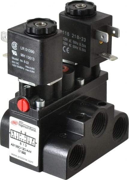 ARO/Ingersoll-Rand - 3/8" Inlet x 3/8" Outlet, Solenoid Actuator, Solenoid Return, 3 Position, Body Ported Solenoid Air Valve - 120 VAC Input, 63 CFM, 1.7 CV, 4 Way, 150 psi, 4" Long x '2-1/2" Wide x 3-5/8" High, 0 to 180°F - Apex Tool & Supply