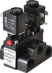 ARO/Ingersoll-Rand - 3/8" Inlet x 3/8" Outlet, Solenoid Actuator, Solenoid Return, 3 Position, Body Ported Solenoid Air Valve - 120 VAC Input, 63 CFM, 1.7 CV, 4 Way, 150 psi, 4" Long x '2-1/2" Wide x 3-5/8" High, 0 to 180°F - Apex Tool & Supply