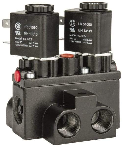 ARO/Ingersoll-Rand - 3/8" Inlet x 3/8" Outlet, Solenoid Actuator, Solenoid Return, 3 Position, Body Ported Solenoid Air Valve - 120 VAC Input, 63 CFM, 1.7 CV, 4 Way, 150 psi, 4" Long x '2-1/2" Wide x 3-5/8" High, 0 to 180°F - Apex Tool & Supply