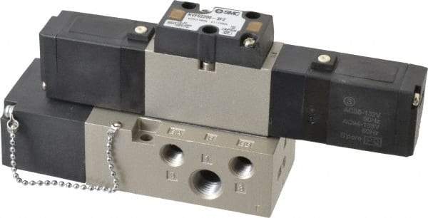 SMC PNEUMATICS - 0.8 CV Flow Rate, Double Solenoid Pilot Operated Valve - 5 Port, 2 Position, 1/4" NPT Inlet, 110 V - Apex Tool & Supply