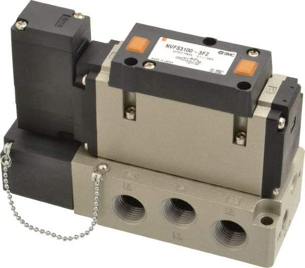 SMC PNEUMATICS - 2 CV Flow Rate, Single Solenoid Pilot Operated Valve - 5 Port, 2 Position, Spring Return, 3/8" NPT Inlet, 110 V - Apex Tool & Supply