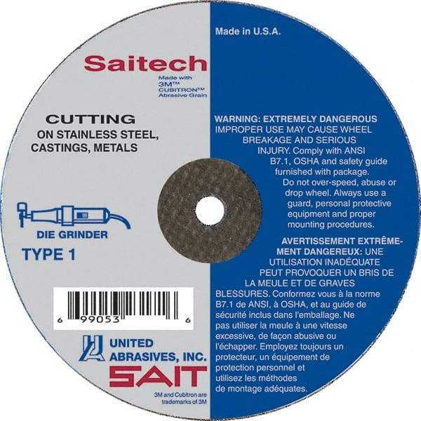 Sait - 4" Ceramic Cutoff Wheel - 0.035" Thick, 1/4" Arbor, 19,000 Max RPM, Use with Die Grinders - Apex Tool & Supply