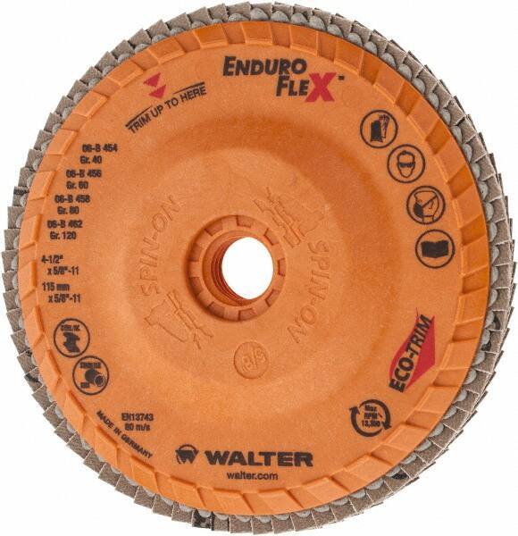 WALTER Surface Technologies - 120 Grit, 4-1/2" Disc Diam, 5/8-11 Center Hole, Zirconia Alumina Flap Disc - 13,300 Max RPM, Plastic Backing, Arbor Attaching System, Coated - Apex Tool & Supply