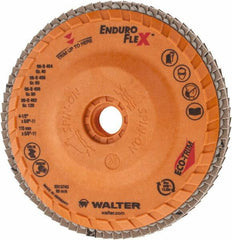 WALTER Surface Technologies - 120 Grit, 4-1/2" Disc Diam, 5/8-11 Center Hole, Zirconia Alumina Flap Disc - 13,300 Max RPM, Plastic Backing, Arbor Attaching System, Coated - Apex Tool & Supply