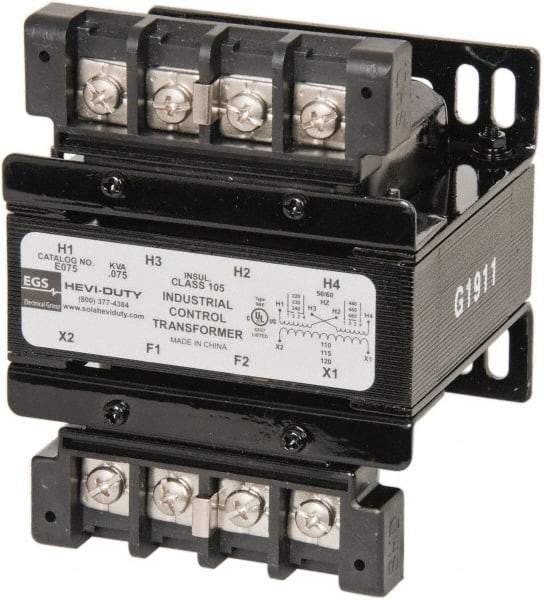Sola/Hevi-Duty - 1 Phase, 0.08 kVA, Control Transformer - 2 Input, 1 Output Winding, 60, 50/60 at 220 V x 440 V, 50/60 at 230 V x 460 V Hz, 4.36 Inch Deep x 2.96 Inch High, 131°F Temp Rise - Apex Tool & Supply