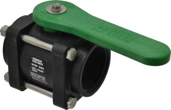 Green Leaf - 2" Pipe, Standard Port, Polypropylene Standard Ball Valve - 3 Piece, Inline - One Way Flow, FNPT x FNPT Ends, Lever Handle, 150 WOG - Apex Tool & Supply
