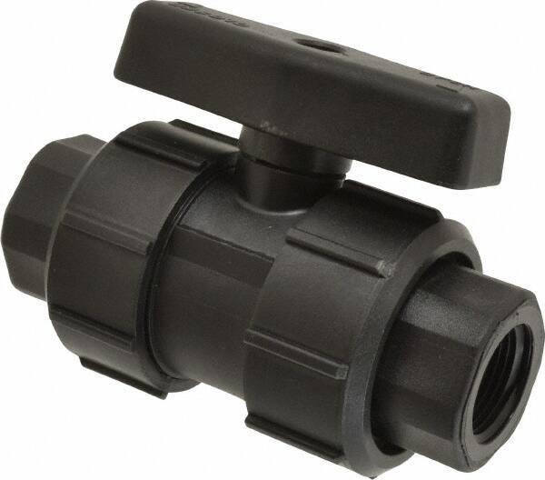Green Leaf - 3/4" Pipe, Full Port, Polypropylene True Union Design Ball Valve - Inline - One Way Flow, FNPT x FNPT Ends, Tee Handle, 125 WOG - Apex Tool & Supply
