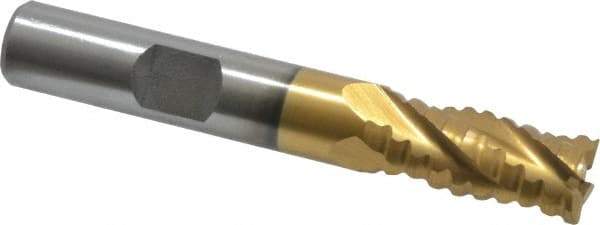 Interstate - 3/8" Diam, 3/4" LOC, 4 Flute Cobalt Roughing & Finishing Square End Mill - TiN Finish, 2-1/2" OAL, 3/8" Shank Diam, Weldon Shank, 30° Helix, Non-Centercutting - Apex Tool & Supply