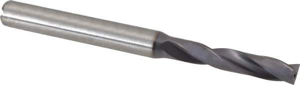 Kennametal - 3/16" 180° Spiral Flute Solid Carbide Screw Machine Drill Bit - TiAlN Finish, Right Hand Cut, 1-7/64" Flute Length, 66mm OAL, Flat-Bottom Point, Straight Shank, Through Coolant - Apex Tool & Supply
