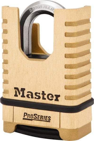 Master Lock - 2-1/4" Body Width x 3-1/2" Body Height, 1-1/16" Shackle Clearance, Brass Finish Combination Lock - 3/8" Shackle Diam, 15/16" Shackle Width, Set Your Own 4 Digit Combination - Apex Tool & Supply