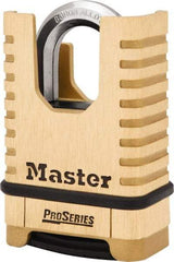 Master Lock - 2-1/4" Body Width x 3-1/2" Body Height, 1-1/16" Shackle Clearance, Brass Finish Combination Lock - 3/8" Shackle Diam, 15/16" Shackle Width, Set Your Own 4 Digit Combination - Apex Tool & Supply