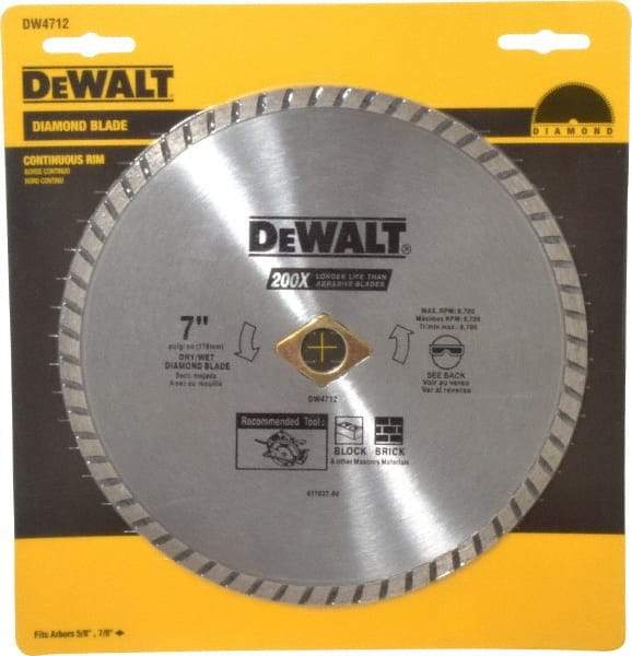 DeWALT - 7" Diam, 5/8" Arbor Hole Diam, Wet & Dry Cut Saw Blade - Diamond-Tipped, Standard Round Arbor - Apex Tool & Supply