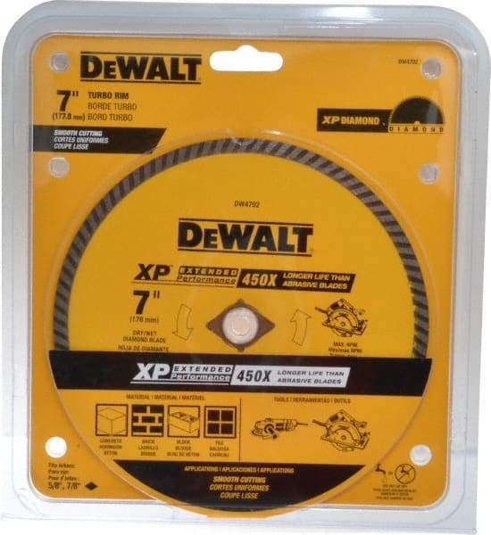 DeWALT - 7" Diam, 5/8" Arbor Hole Diam, Wet & Dry Cut Saw Blade - Diamond-Tipped, Standard Round Arbor - Apex Tool & Supply
