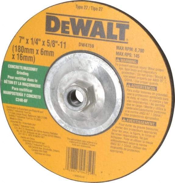 DeWALT - 24 Grit, 7" Wheel Diam, 1/4" Wheel Thickness, Type 27 Depressed Center Wheel - Silicon Carbide, R Hardness, 8,700 Max RPM, Compatible with Angle Grinder - Apex Tool & Supply