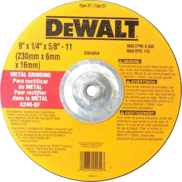 DeWALT - 24 Grit, 9" Wheel Diam, 1/4" Wheel Thickness, Type 27 Depressed Center Wheel - Aluminum Oxide, R Hardness, 6,600 Max RPM, Compatible with Angle Grinder - Apex Tool & Supply