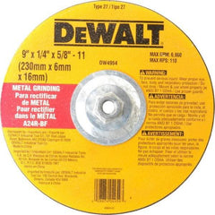 DeWALT - 24 Grit, 9" Wheel Diam, 1/4" Wheel Thickness, Type 27 Depressed Center Wheel - Aluminum Oxide, R Hardness, 6,600 Max RPM, Compatible with Angle Grinder - Apex Tool & Supply