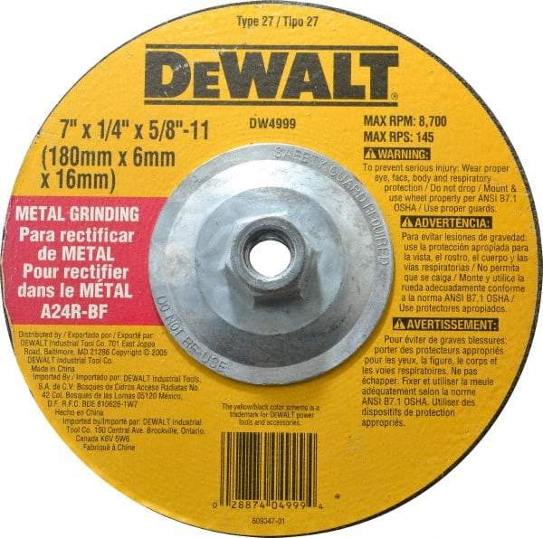 DeWALT - 24 Grit, 7" Wheel Diam, 1/4" Wheel Thickness, Type 27 Depressed Center Wheel - Aluminum Oxide, R Hardness, 8,700 Max RPM, Compatible with Angle Grinder - Apex Tool & Supply