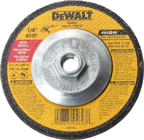 DeWALT - 24 Grit, 5" Wheel Diam, 1/4" Wheel Thickness, Type 27 Depressed Center Wheel - Aluminum Oxide, R Hardness, 12,200 Max RPM, Compatible with Angle Grinder - Apex Tool & Supply