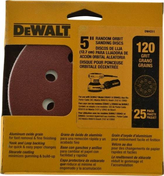 DeWALT - 5" Diam, 120 Grit, Aluminum Oxide Hook & Loop Disc - Fine Grade, Coated, Paper Backing, - Apex Tool & Supply