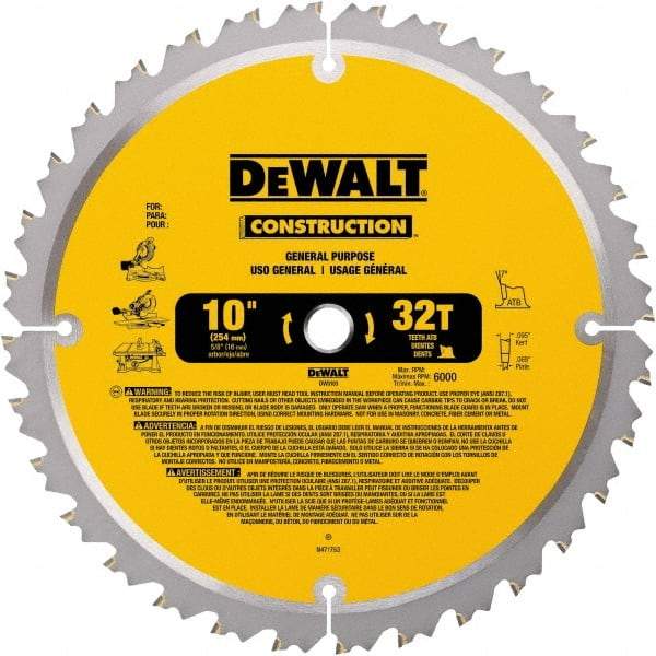 DeWALT - 10" Diam, 5/8" Arbor Hole Diam, 32 Tooth Wet & Dry Cut Saw Blade - Carbide-Tipped, General Purpose Action, Standard Round Arbor - Apex Tool & Supply