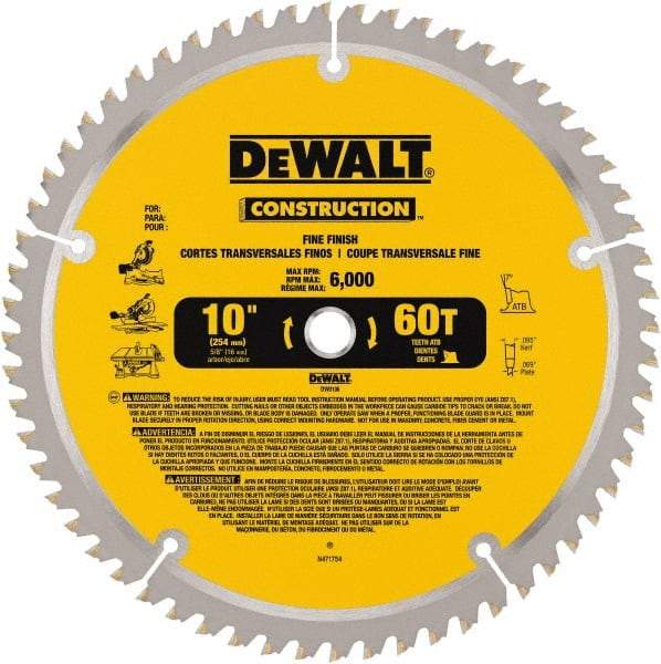 DeWALT - 10" Diam, 5/8" Arbor Hole Diam, 60 Tooth Wet & Dry Cut Saw Blade - Carbide-Tipped, Fine Finishing Action, Standard Round Arbor - Apex Tool & Supply