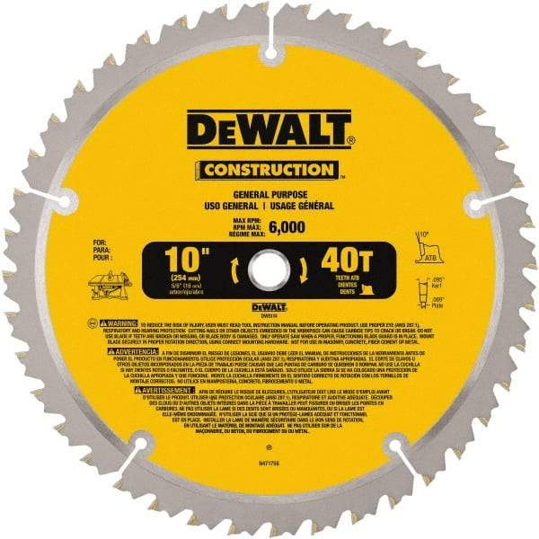 DeWALT - 10" Diam, 5/8" Arbor Hole Diam, 40 Tooth Wet & Dry Cut Saw Blade - Carbide-Tipped, General Purpose Action, Standard Round Arbor - Apex Tool & Supply