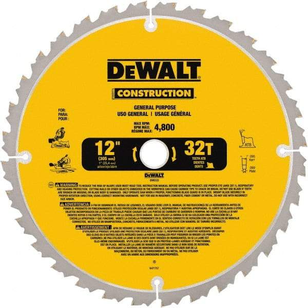 DeWALT - 12" Diam, 1" Arbor Hole Diam, 32 Tooth Wet & Dry Cut Saw Blade - Carbide-Tipped, General Purpose Action, Standard Round Arbor - Apex Tool & Supply