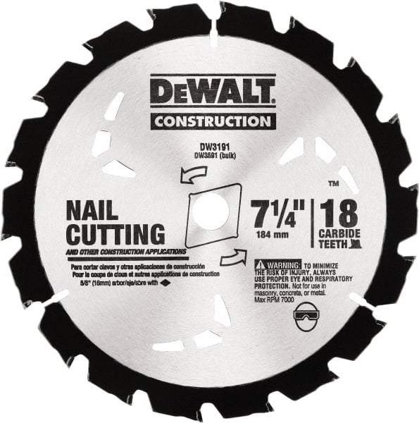 DeWALT - 7-1/4" Diam, 18 Tooth Wet & Dry Cut Saw Blade - Carbide-Tipped, Standard Round Arbor - Apex Tool & Supply