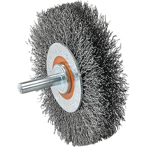 WALTER Surface Technologies - 2" OD, 1/4" Shank Diam, Crimped Steel Wheel Brush - 5/8" Face Width, 0.0118" Filament Diam, 25,000 RPM - Apex Tool & Supply