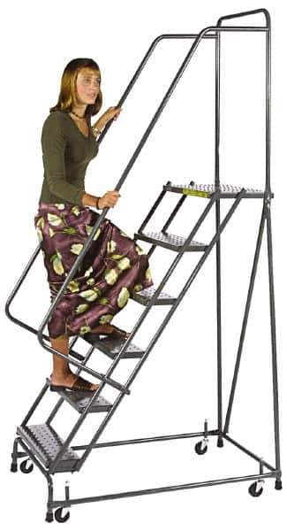 Ballymore - 103" 7 Step Ladder - Spring Loaded Rolling Safety Ladder, 450 Lb Capacity, 70" Platform Height, 24" Base Width x 56" Base Depth, Perforated Tread - Apex Tool & Supply