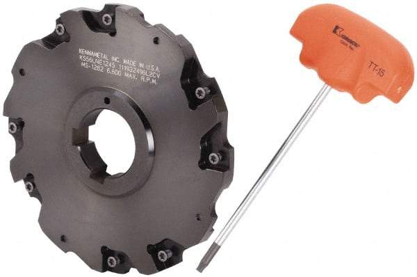 Kennametal - Arbor Hole Connection, 3/8" Cutting Width, 1.466" Depth of Cut, 5" Cutter Diam, 1-1/4" Hole Diam, 4 Tooth Indexable Slotting Cutter - 90° LN Toolholder, LNE 1245... Insert - Apex Tool & Supply