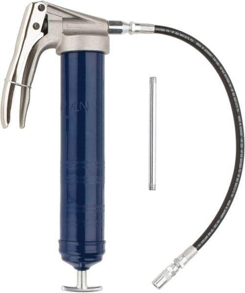 Lincoln - 7,500 Max psi, Flexible Pistol Grease Gun - 14-1 & 2 oz (Cartridge) & 16 oz (Bulk) Capacity, 1/8 Thread Outlet, 39 Strokes per oz, Bulk & Cartridge Fill, Includes 6" Straight Pipe & Coupler - Apex Tool & Supply