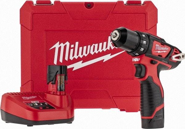 Milwaukee Tool - 12 Volt 3/8" Chuck Pistol Grip Handle Cordless Drill - 0-400 & 0-1500 RPM, Keyless Chuck, Reversible, 2 Lithium-Ion Batteries Included - Apex Tool & Supply