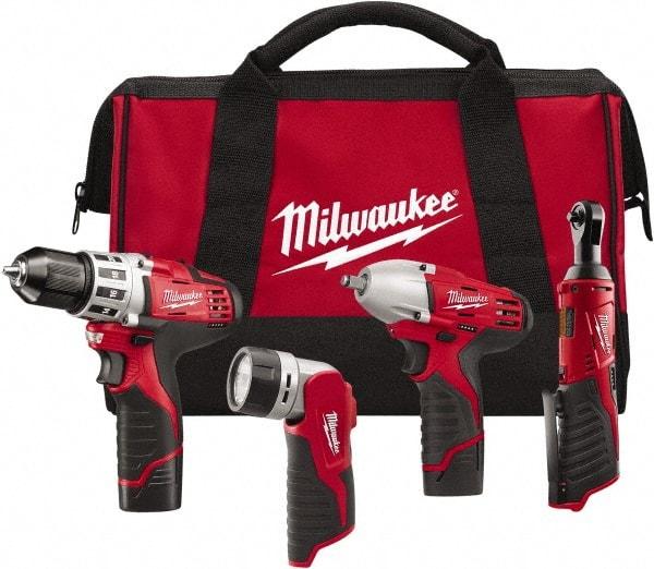 Milwaukee Tool - 12 Volt Cordless Tool Combination Kit - Includes 3/8" Square Drive Impact Wrench, 3/8" Drill/Driver, Work Light & 1/4" Ratchet, Lithium-Ion Battery Included - Apex Tool & Supply