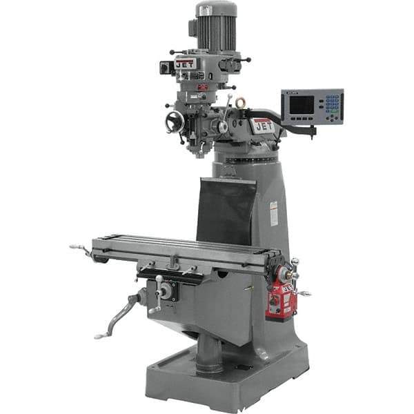 Jet - 9" Table Width x 42" Table Length, Step Pulley Control, 1 Phase Knee Milling Machine - R8 Spindle Taper - Apex Tool & Supply