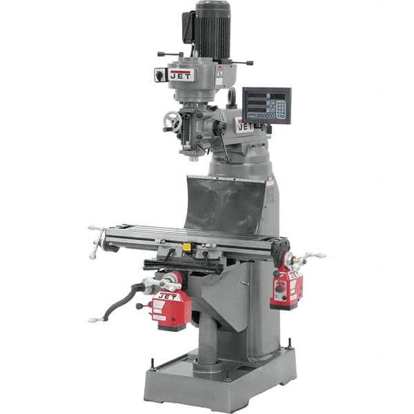 Jet - 7-7/8" Table Width x 35-3/4" Table Length, Step Pulley Control, 3 Phase Knee Milling Machine - R8 Spindle Taper, 1-1/2 hp - Apex Tool & Supply