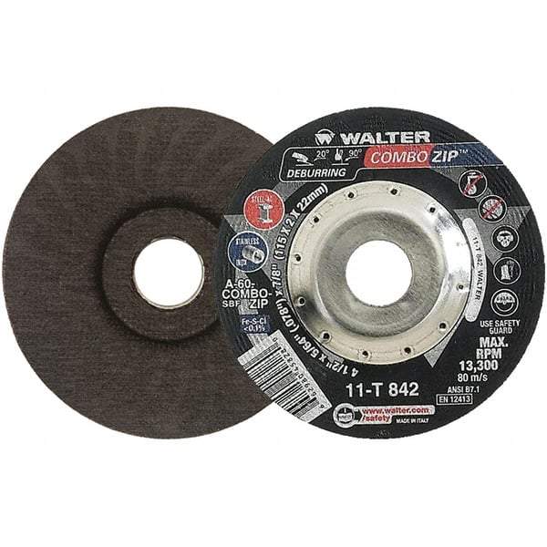 WALTER Surface Technologies - 60 Grit, 4-1/2" Wheel Diam, 5/64" Wheel Thickness, 7/8" Arbor Hole, Type 27 Depressed Center Wheel - 13,300 Max RPM - Apex Tool & Supply