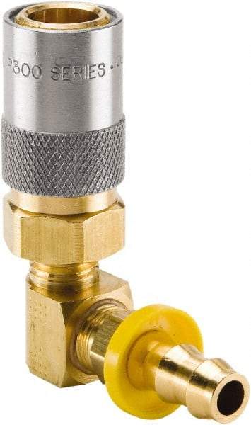 Parker - Nonthreaded Brass Hydraulic Hose Push-Lok Hose Barb Coupler & 90° Fitting - 200 psi, 6 GPM, 3/8" Hose Diam, Series Moldmate - Apex Tool & Supply