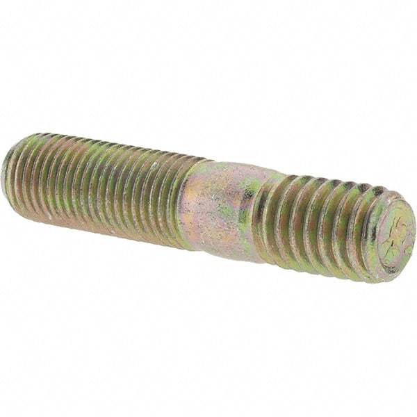 Value Collection - 3/8-24 Long Thread, 3/8-16 Short Thread, 1-3/4" OAL Unequal Double Threaded Stud - Alloy Steel, Zinc Yellow Dichromate Finish, 1" Long Thread Length, 9/16" Short Thread Length - Apex Tool & Supply