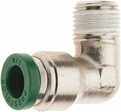 Parker - 1/4" Outside Diam, 1/8 NPTF, Nickel Plated Brass Push-to-Connect Tube Male Elbow - 300 Max psi, Tube to Male NPT Connection, Nitrile O-Ring - Apex Tool & Supply