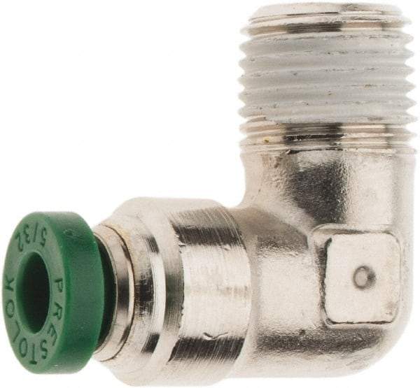 Parker - 5/32" Outside Diam, 1/8 NPTF, Nickel Plated Brass Push-to-Connect Tube Male Elbow - 300 Max psi, Tube to Male NPT Connection, Nitrile O-Ring - Apex Tool & Supply