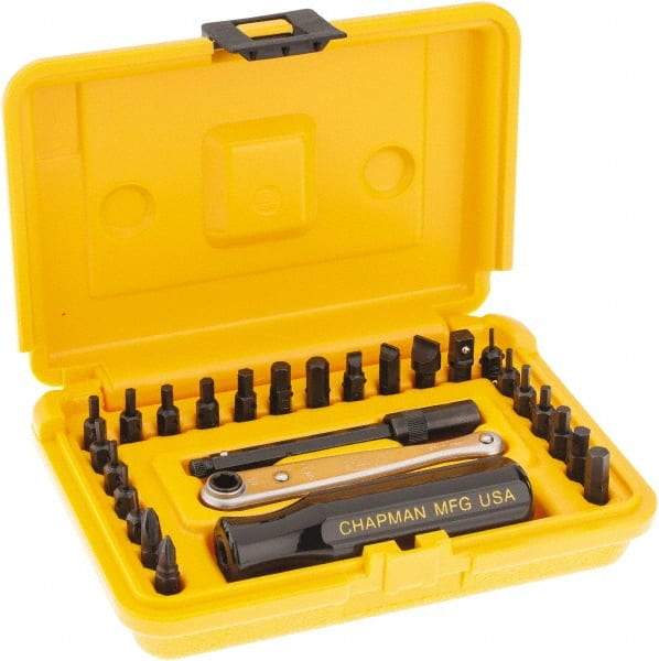 Chapman - 27 Piece, Screwdriver 1/4" Bit Ratchet Bit Set - #1 to #2 Phillips, 0.05 to 1/4" Hex, 1.5 to 6mm Hex - Apex Tool & Supply