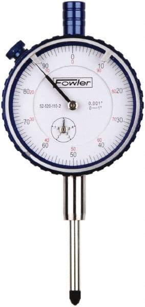 Fowler - 1" Range, 0-100 Dial Reading, 0.001" Graduation Dial Drop Indicator - 2-1/4" Dial, 0.1" Range per Revolution, Revolution Counter - Apex Tool & Supply