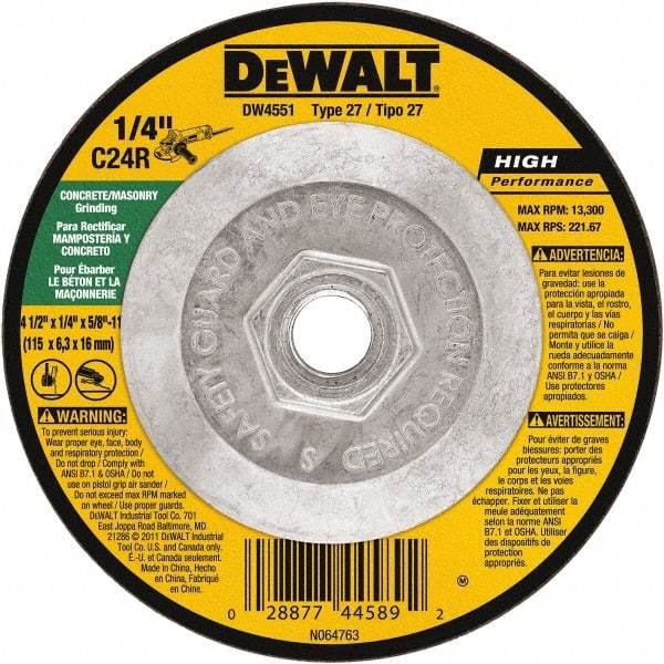 DeWALT - 24 Grit, 4-1/2" Wheel Diam, 1/4" Wheel Thickness, Type 27 Depressed Center Wheel - Silicon Carbide, Resinoid Bond, 13,300 Max RPM - Apex Tool & Supply
