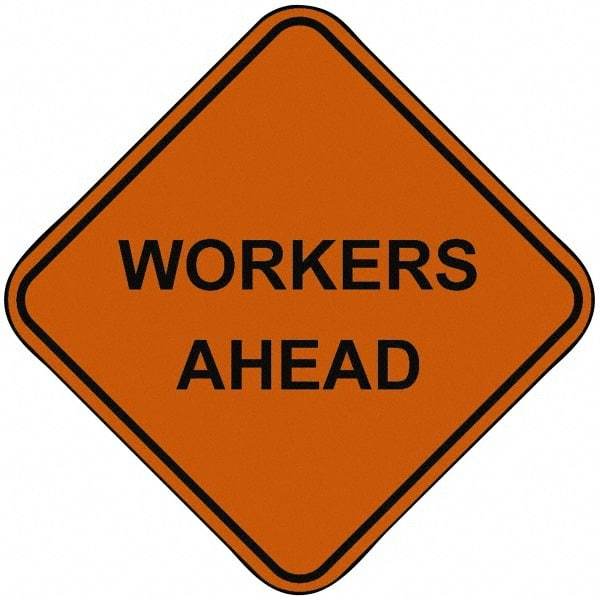 PRO-SAFE - "Workers Ahead", 48" Wide x 48" High, Nylon Construction Roadway Signs - Orange, Square, Sign Stand Mount - Apex Tool & Supply